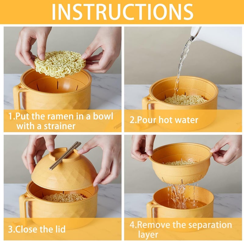 Romooa 1 Set Microwave Ramen Bowl Set 33 oz Wheat Straw Instant Ramen Cooker Set Portable Noodle Cooker with Handle Noodle Bowl with Spoon Chopsticks Fork College Dorm Room Yellow - Image 4