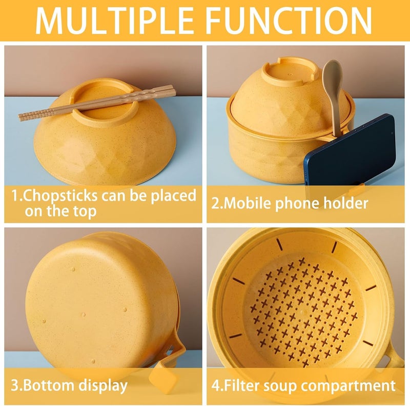 Romooa 1 Set Microwave Ramen Bowl Set 33 oz Wheat Straw Instant Ramen Cooker Set Portable Noodle Cooker with Handle Noodle Bowl with Spoon Chopsticks Fork College Dorm Room Yellow - Image 3