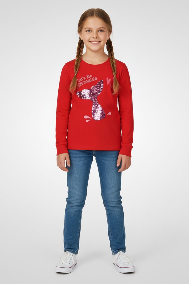 Hamleys تي شيرت طويل الأكمام بنات للأطفال بطباعة جرافيك، أحمر - Image 1