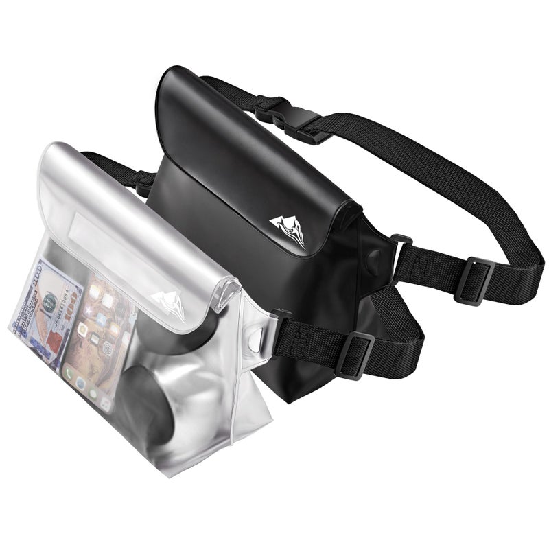 HEETA 2-Pack Waterproof Pouch with Waist Strap, Screen Touchable Dry Bag with Adjustable Belt for Phone Valuables for Kayaking Swimming Snorkeling Boating Fishing Surfing Beach (Black & White) - Image 1