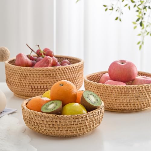 Kmelep Hand-Woven Stackable Rattan Basket, Set of 3, Fruit Bread Serving Bowls, for Farmhouse Kitchen Storage & Decor - Image 5