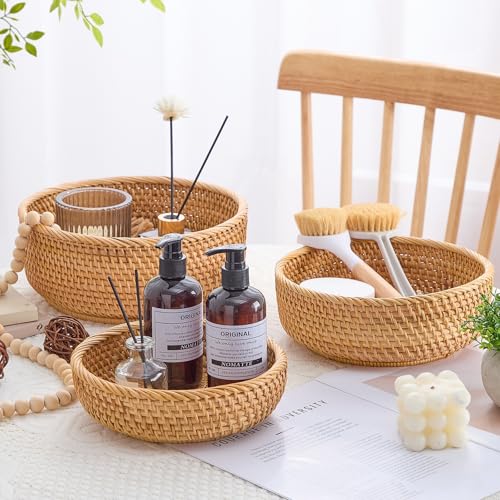 Kmelep Hand-Woven Stackable Rattan Basket, Set of 3, Fruit Bread Serving Bowls, for Farmhouse Kitchen Storage & Decor - Image 4