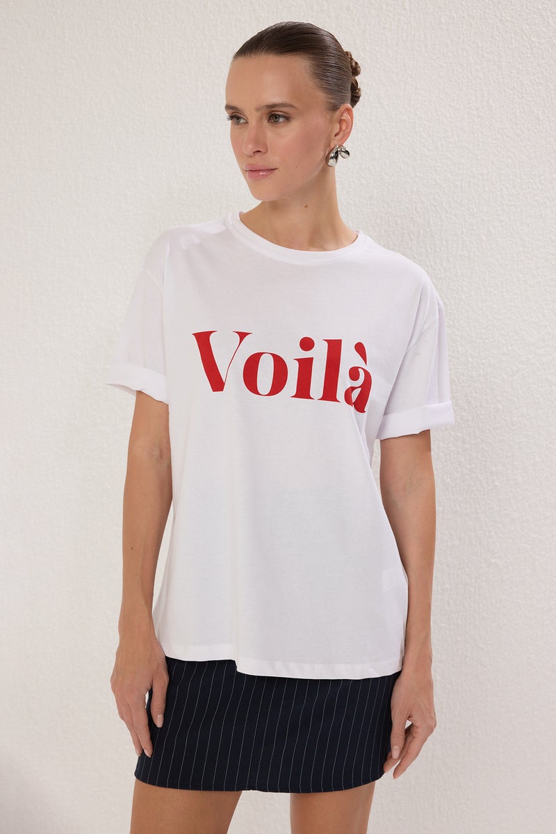 trendyol Ecru Slogan Printed 100% Cotton Oversize T-Shirt - Twoss25Ts00179 - Image 2