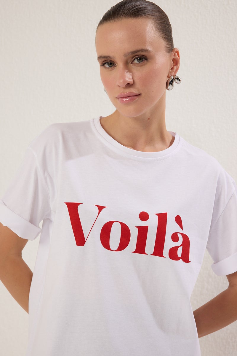 trendyol Ecru Slogan Printed 100% Cotton Oversize T-Shirt - Twoss25Ts00179 - Image 1