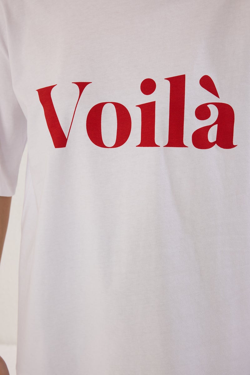 trendyol Ecru Slogan Printed 100% Cotton Oversize T-Shirt - Twoss25Ts00179 - Image 3