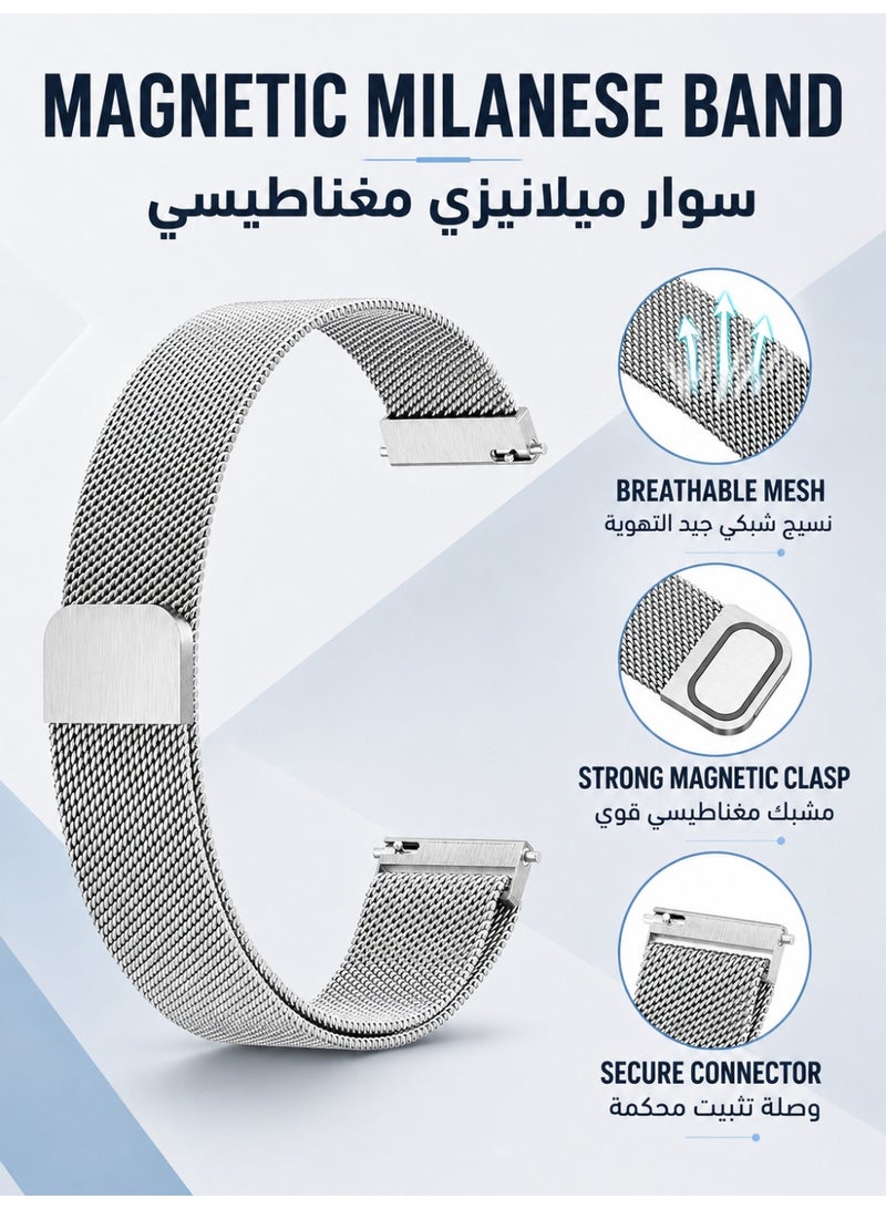18mm Magnetic Metal Mesh Watch Strap, for Huawei Watch GT 6/5/4 41mm, GT 5 Pro 42mm, Garmin Venu 3S/Vivoactive 4S, Milanese Stainless Steel Quick Release Band , Silver - Image 2