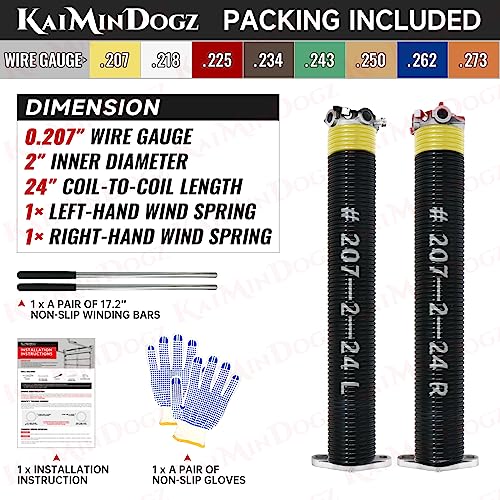 KaiMinDogz Pair of 2" Garage Door Torsion Springs Set with Non-Slip Winding Bars & Gloves, Precision Electrophoresis Black Coated Without Oil, for Replacement & Installation, MIN 16,000 Cycles(0.207x2''x24'') - Image 2