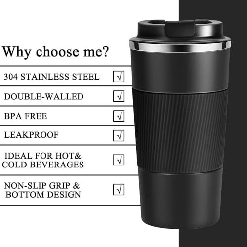 Wosta Insulation Coffee Mug, Reusable Stainless Steel Thermal Travel Cup With Leakproof Lid 510Ml Double-Wall Vacuum Insulated for Hot&Cold Drinks, Water, Tea (Black) - Image 3