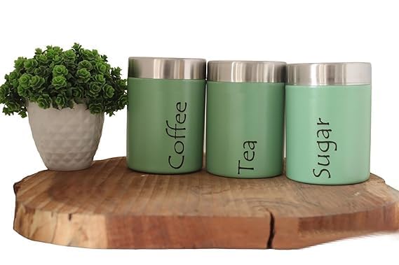 RJ kitchenware Store Stainless Steel Tea Coffee Sugar Containers Set of 3 - Container for Kitchen Storage- 600 ML (Tea coffee Sugar Green) - Image 4