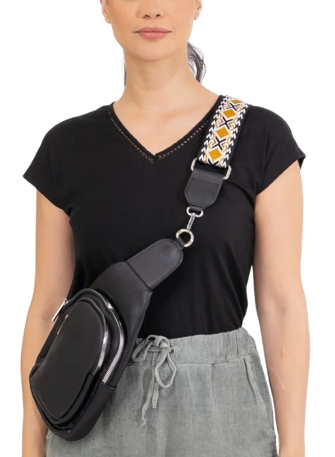 هايليز Stylish Black Sling Bag with Patterned Strap