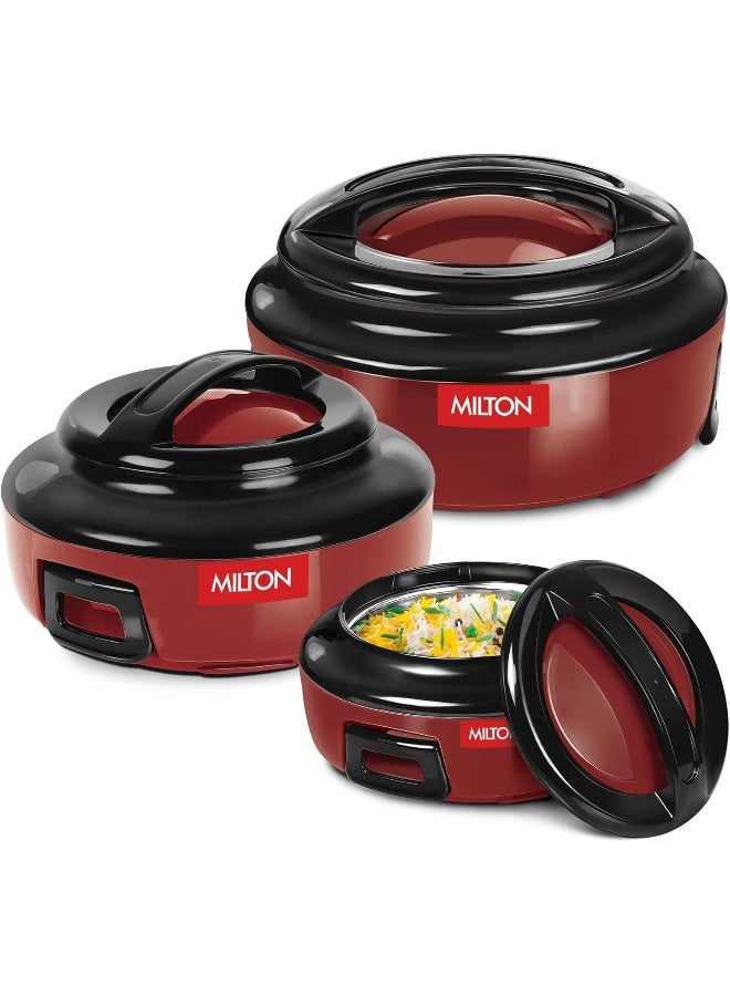 Milton Ernesto Inner Stainless Steel Jr. Casserole Set of 3 (420 ml, 850 ml, 1.43 litres), Red | Easy to Carry | Serving | Stackable - Image 1