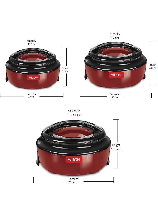 Milton Ernesto Inner Stainless Steel Jr. Casserole Set of 3 (420 ml, 850 ml, 1.43 litres), Red | Easy to Carry | Serving | Stackable - Image 5