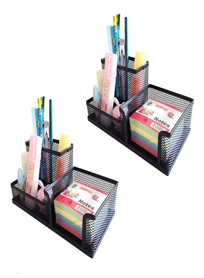 TSY TOOL 2 Pack Black Pen Holder Mesh Desk Organizer Office Supplies Caddy with Pencil Holder and Storage Baskets for Desk Accessories, 3 Compartments - Image 1