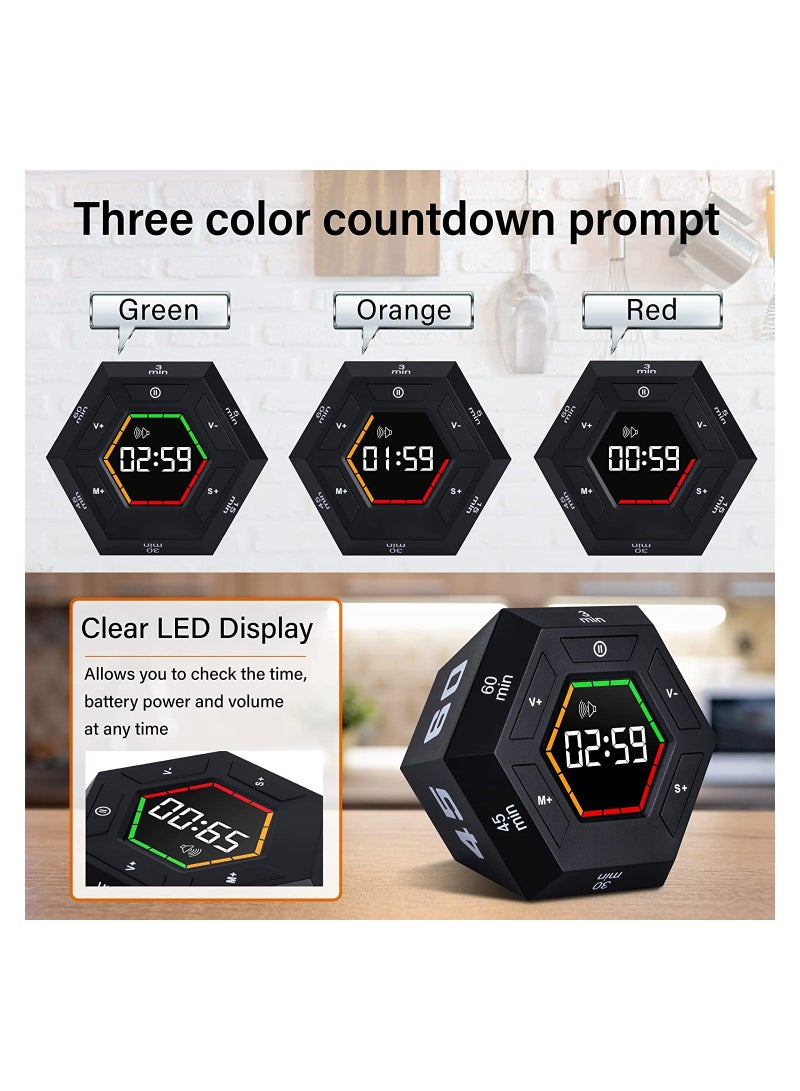 SYOSI Hexagon Flip Timer, Smart Countdown Visual Timer for Kids, Magnetic Productivity Timer Tools, for Kids and Adults, Large Display Digital Kitchen Timer for Cooking (Black) - Image 2