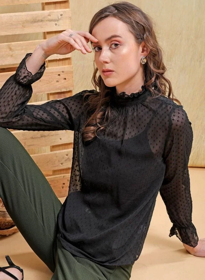 مرفوعة Women Relaxed Fit Textured High Neck Long Sleeve Regular Top