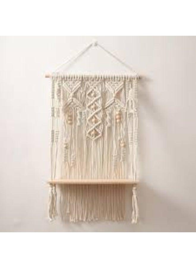 Macramé Hanging Wooden Shelf with Decorative Tassels, 50 cm Wall Shelf - Image 2