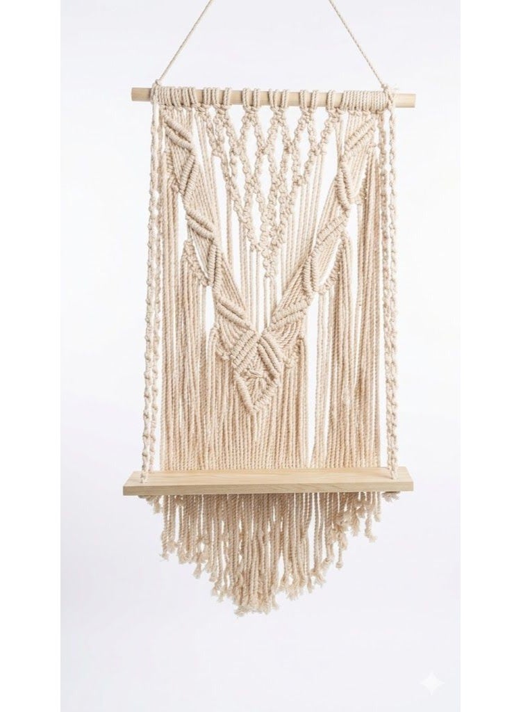 Macramé Hanging Wooden Shelf with Decorative Tassels, 50 cm Wall Shelf - Image 1