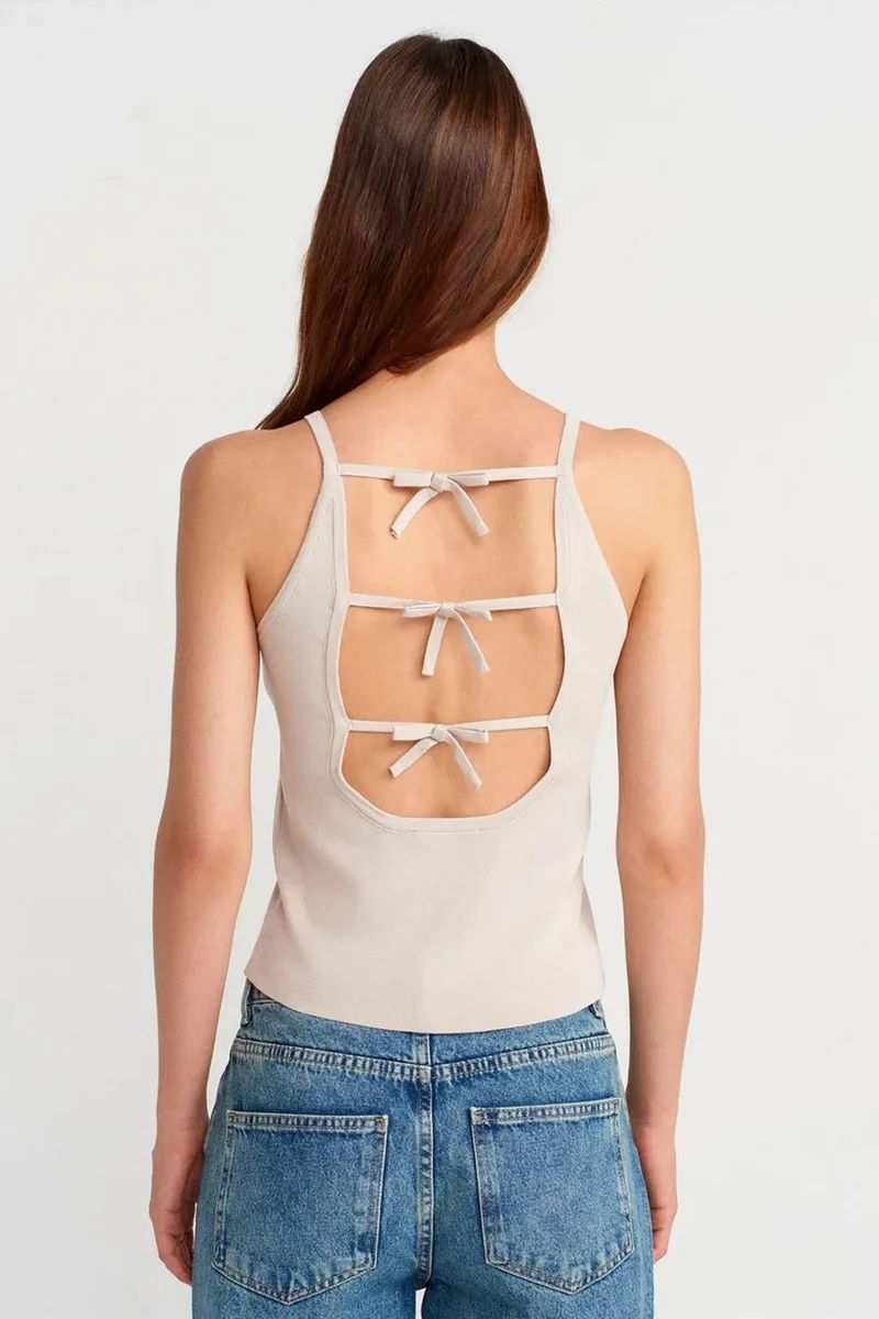 Dilvin Stone Natural DILVIN Slim Fit Halter Knit Blouse With Bow Detail for Women | Best Price UAE