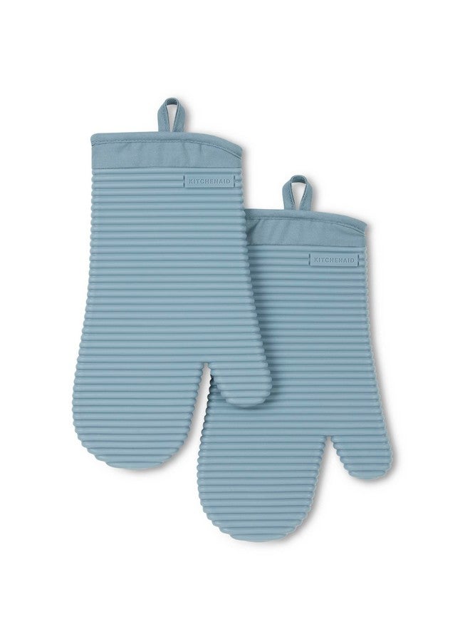 KitchenAid KitchenAid Ribbed Soft Silicone Oven Mitt 2-Pack Set, Fog Blue, 7.5"x13"  - Image 1