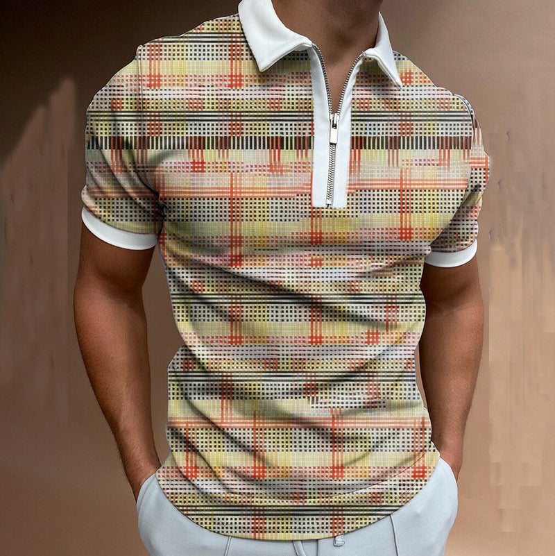 2022 summer new men's geometric pattern casual zipper polo shirt plus size short sleeve top LLPL211411E S - Image 1