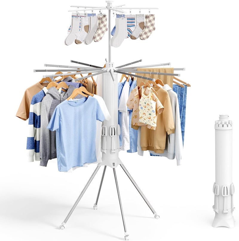 Sakugi Foldable Clothes Drying Rack – Collapsible Laundry Rack with 12 Steel Arms, 4-Leg Stable Base, Reinforced Frame with Clips & Shoe Holders for Indoor Outdoor Use, 44" D x 44" W x 71" H, White - Image 1