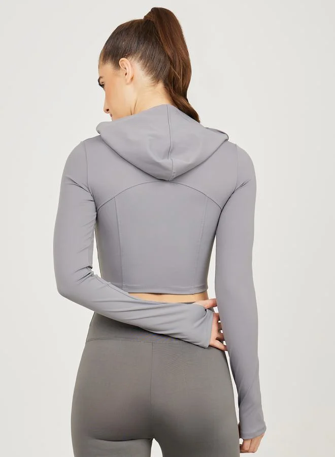 Styli Zip Pocket Detail Thumbhole Sleeves Zip Closure Hooded Crop Jacket