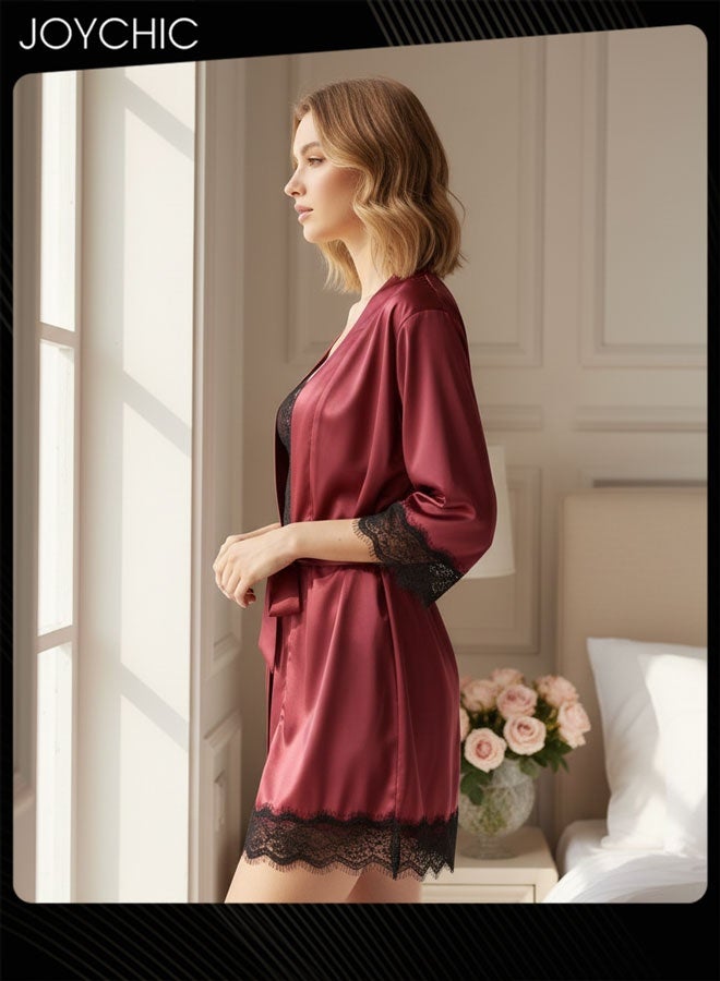 Joychic طقم نوم رومانسي من 4 قطع للنساء - فستان نوم من حرير ساتان بألوان الربيع والصيف، بيجامة بأكمام دانتيل على شكل حرف V باللون الأحمر النبيذي - Image 5