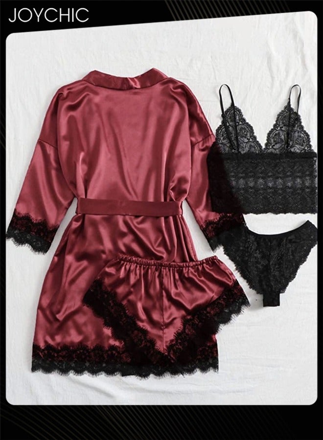 Joychic طقم نوم رومانسي من 4 قطع للنساء - فستان نوم من حرير ساتان بألوان الربيع والصيف، بيجامة بأكمام دانتيل على شكل حرف V باللون الأحمر النبيذي - Image 3
