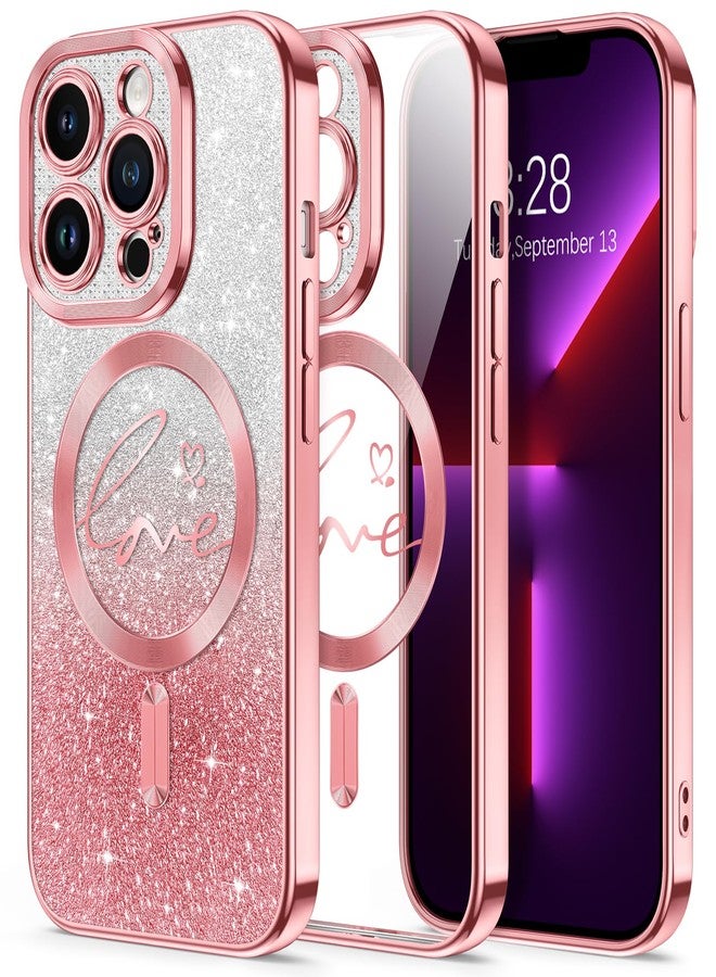 Hython for iPhone 13 Pro Max Case Glitter, Compatible with MagSafe Love Heart Magnetic Clear Phone Cases for Women Girls, Full Camera Protection Sparkle Plating Shockproof Protective Cover, Pink - Image 1
