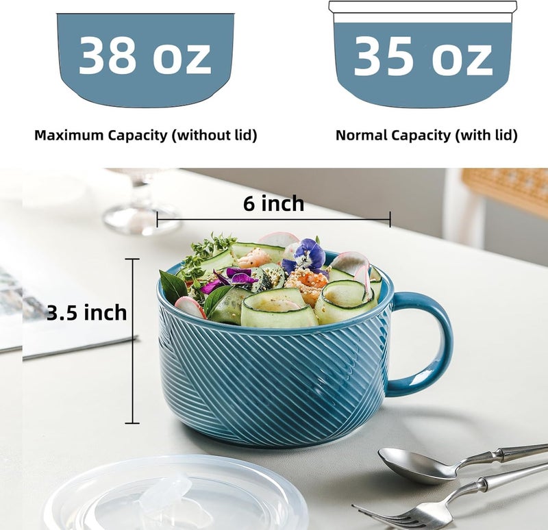 Adewnest Oversized Soup Bowl with Handle: 38 oz Ceramic Soup Mug with Lid - Microwave Safe Jumbo Food Storage Container for Ramen Cereal Breakfast Meal Prep Office Lunch Dorm Living - Sky Blue 6 Inch - Image 2