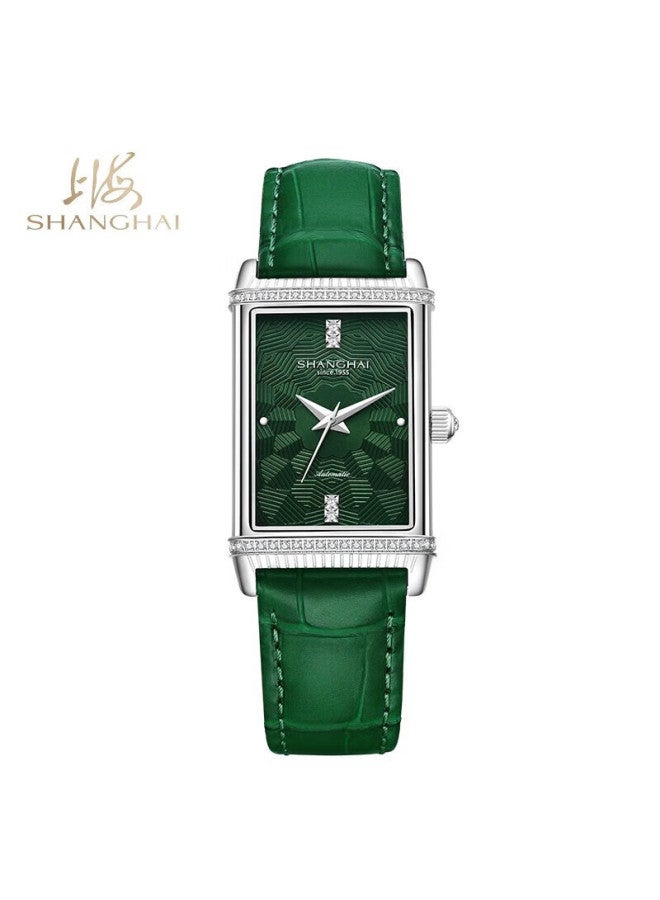 Shanghai Women's Automatic Mechanical Watch Metropolis Mirror Shine Single Silver Case Star Pattern Green Gift 22mt - Image 2