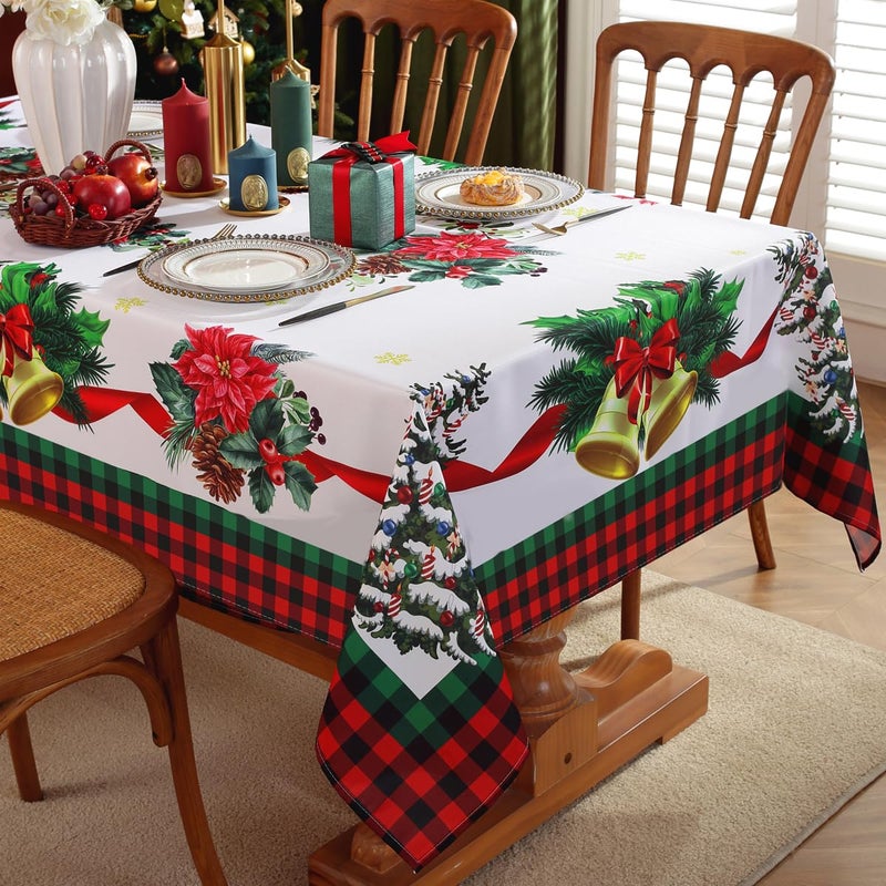 SASTYBALE Christmas Poinsettia Plaid Tablecloth 60x102 Inch Rectangle Table Cloth Washable Spillproof Wrinkle Resistant Xmas Table Cover for Dinner Holiday Gatherings Winter New Year Parties