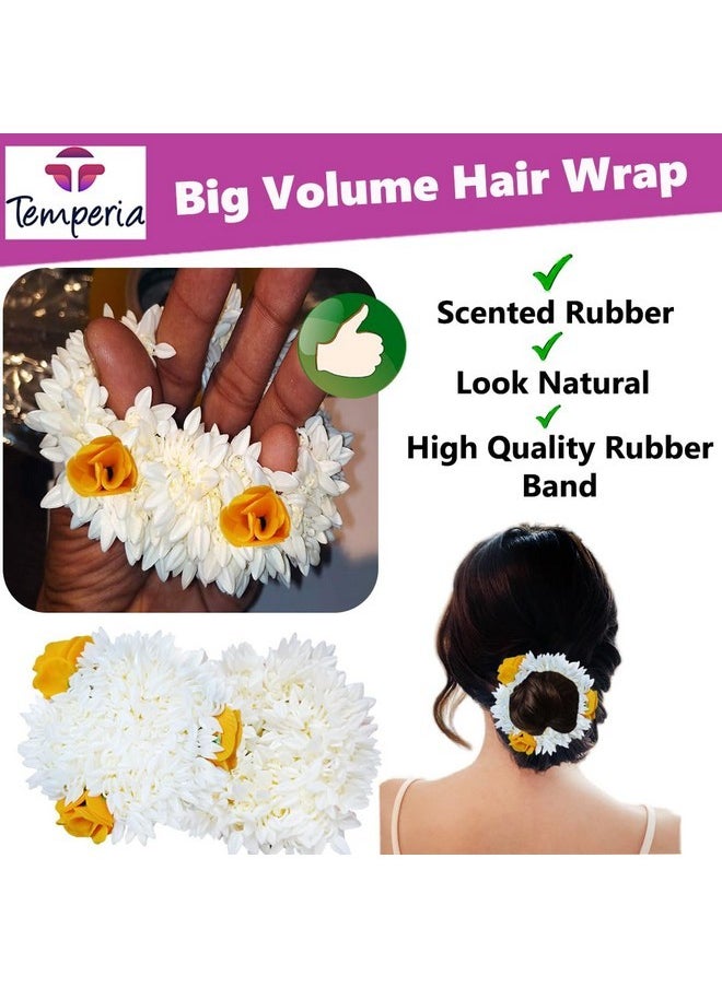 Temperia - (2 Pcs) Scented Mogra Gajra Hair Accessories For Women & Girls - Hair Flower Bun Artificial Fake Gajra Scrunchies Rubber Band - Premium & Voluminous, 1 Pc Yellow Petals & 1 Pc White - Image 1