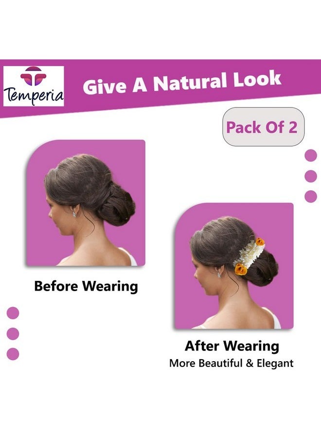 Temperia - (2 Pcs) Scented Mogra Gajra Hair Accessories For Women & Girls - Hair Flower Bun Artificial Fake Gajra Scrunchies Rubber Band - Premium & Voluminous, 1 Pc Yellow Petals & 1 Pc White - Image 1