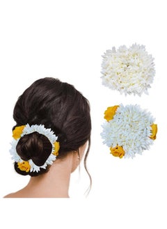 (2 Pcs) Scented Mogra Gajra Hair Accessories For Women & Girls - Hair Flower Bun Artificial Fake Gajra Scrunchies Rubber Band - Premium & Voluminous, 1 Pc Yellow Petals & 1 Pc White