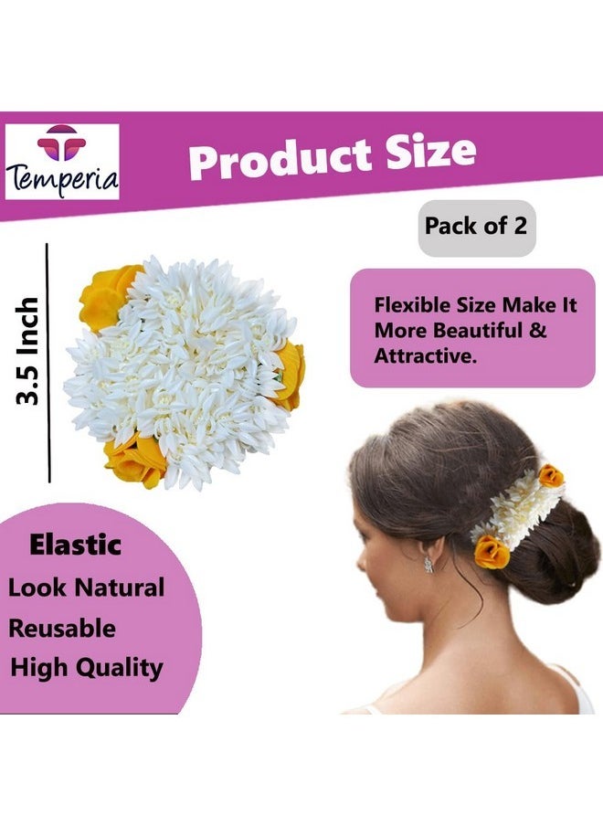 Temperia - (2 Pcs) Scented Mogra Gajra Hair Accessories For Women & Girls - Hair Flower Bun Artificial Fake Gajra Scrunchies Rubber Band - Premium & Voluminous, 1 Pc Yellow Petals & 1 Pc White - Image 1