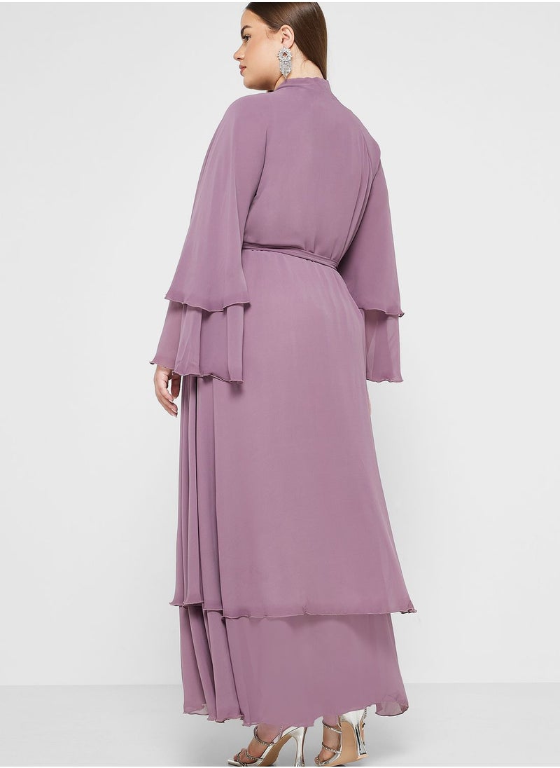 Khizana - Plus size ruffle layered abaya with sheila - Image 1