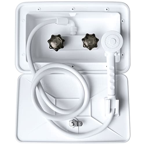 EXCELFU RV Outdoor Shower RV Exterior Shower Box Kit with Outside Faucet Valve Hose Replacement for Camper, Van, Travel Trailer, Motorhome and Boat, White - Image 1