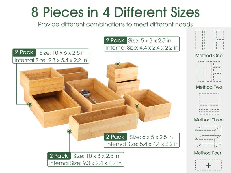Kootek 8 Pcs Bamboo Drawer Organizer Utensil Tray Kitchen Storage Box 4-Size Versatile Dividers Cutlery Holders Bins Containers for Flatware Kitchen Utensils - Image 2