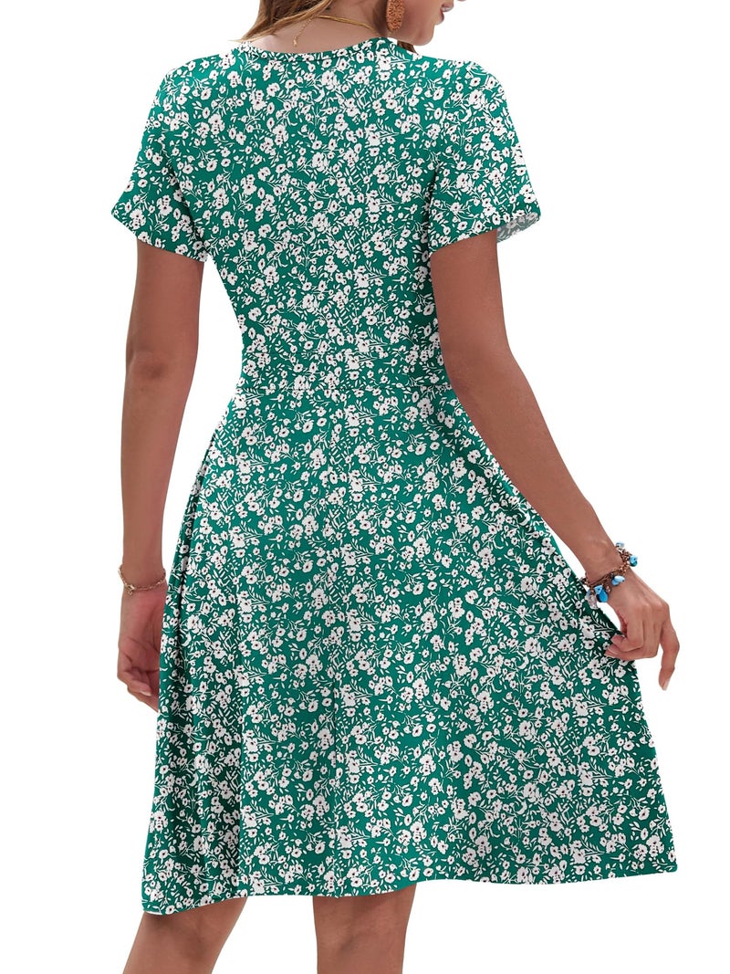 AUSELILY Sun Dress Summer Floral Mini Short Sleeve Empire Waist V Neck Dress with Pockets, Green Flower L - Image 4