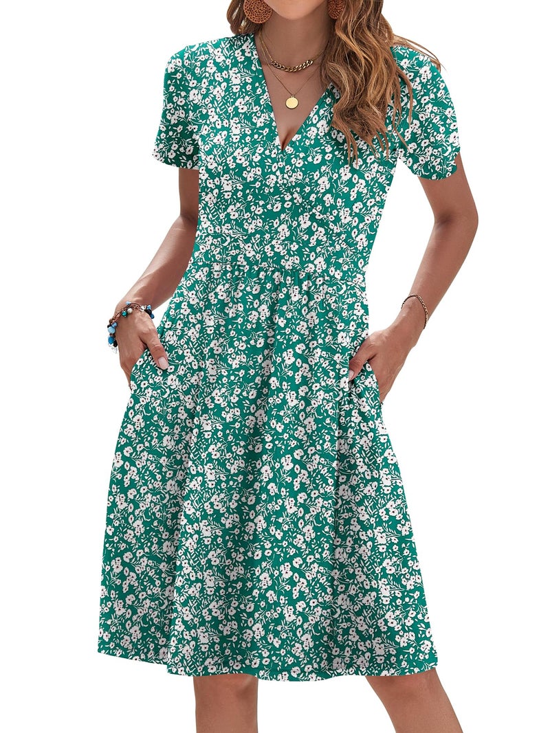 AUSELILY Sun Dress Summer Floral Mini Short Sleeve Empire Waist V Neck Dress with Pockets, Green Flower L - Image 1