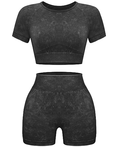 OLCHEE Womens Workout Sets 2 Piece - Seamless Acid Wash Yoga Outfits Leggings Shorts and Crop Top Matching Gym Activewear Athletic Clothing Set - Black Large - Image 1