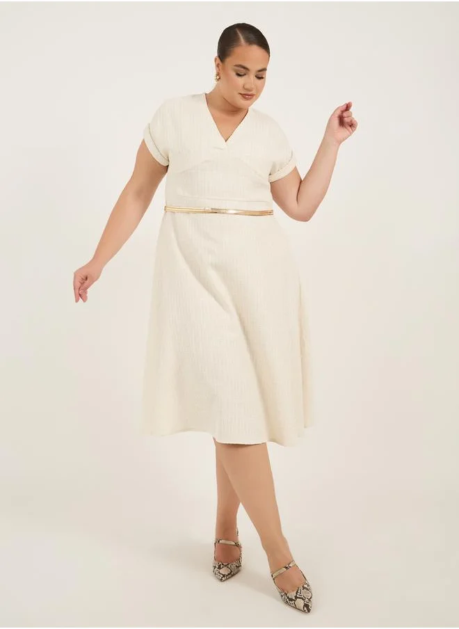 Styli Plus Size Short Sleeves A-Line Midi Dress with Chain Belt