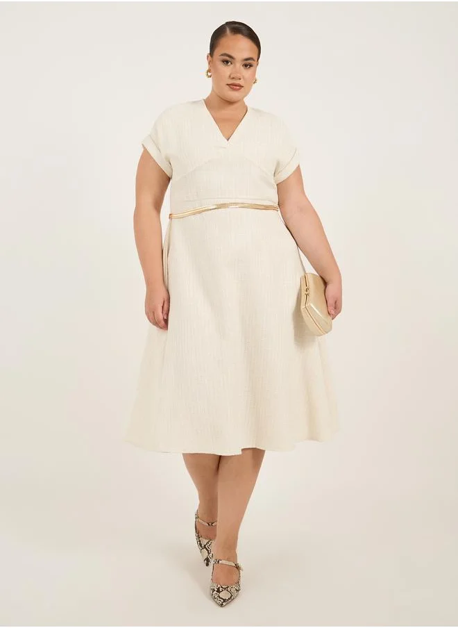 Styli Plus Size Short Sleeves A-Line Midi Dress with Chain Belt