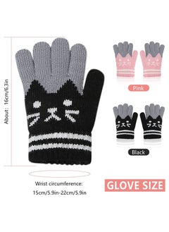 SYOSI 2 Pairs Kids Winter Gloves Warm Knitted Soft Gloves Cute Cat Thermal Full Fingers Stretch Gloves Outdoor School Costume Daily Wearing for Boys Girls 3-8 Years Old (Black+Pink)  - Image 1