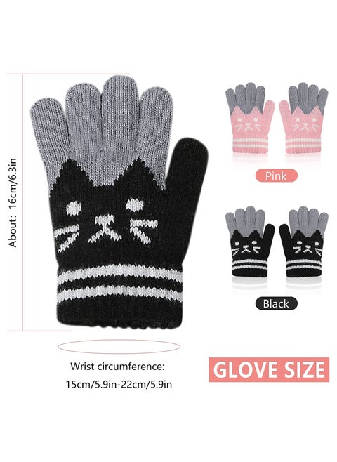 2 Pairs Kids Winter Gloves Warm Knitted Soft Gloves Cute Cat Thermal Full Fingers Stretch Gloves Outdoor School Costume Daily Wearing for Boys Girls 3-8 Years Old (Black+Pink)