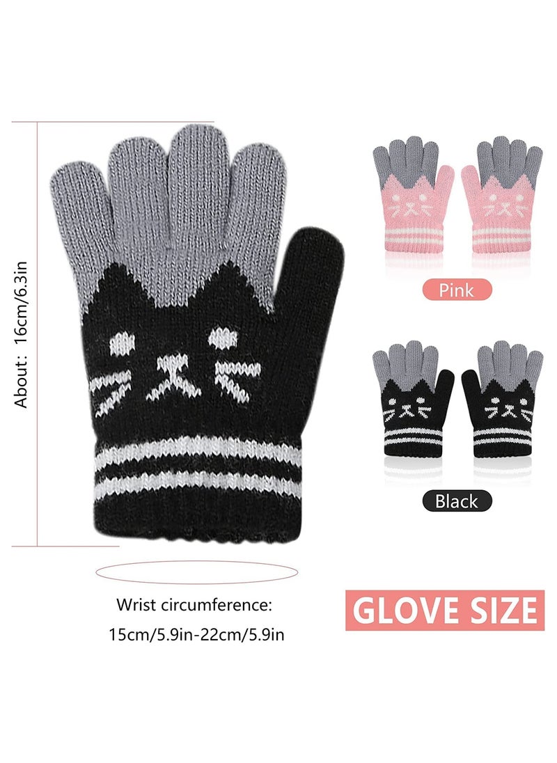SYOSI - 2 Pairs Kids Winter Gloves Warm Knitted Soft Gloves Cute Cat Thermal Full Fingers Stretch Gloves Outdoor School Costume Daily Wearing for Boys Girls 3-8 Years Old (Black+Pink) - Image 1