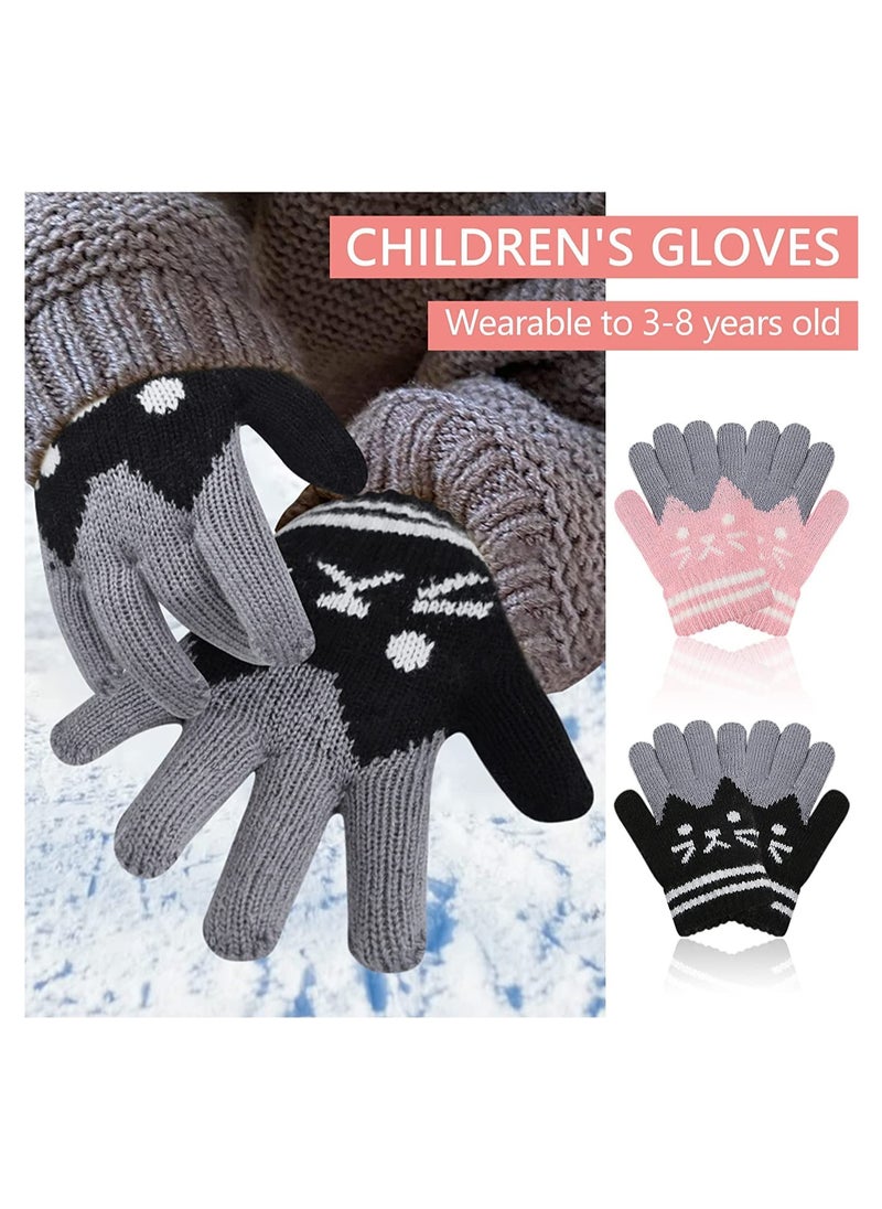 SYOSI - 2 Pairs Kids Winter Gloves Warm Knitted Soft Gloves Cute Cat Thermal Full Fingers Stretch Gloves Outdoor School Costume Daily Wearing for Boys Girls 3-8 Years Old (Black+Pink) - Image 1