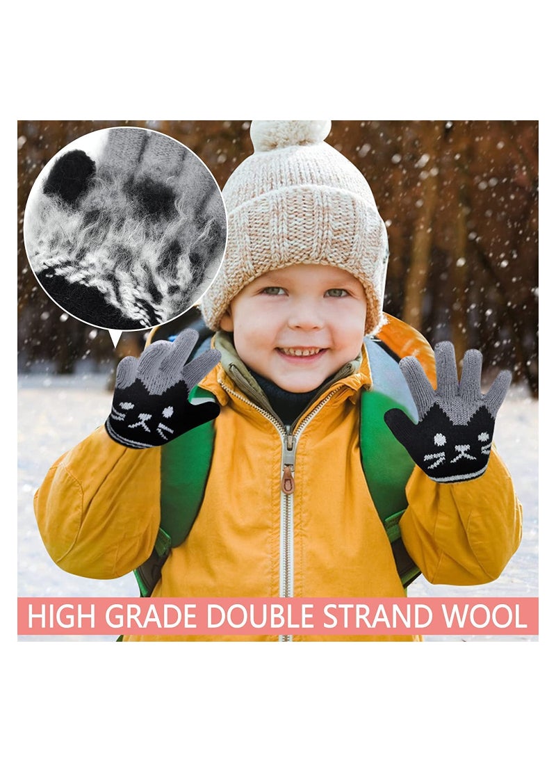 SYOSI - 2 Pairs Kids Winter Gloves Warm Knitted Soft Gloves Cute Cat Thermal Full Fingers Stretch Gloves Outdoor School Costume Daily Wearing for Boys Girls 3-8 Years Old (Black+Pink) - Image 1