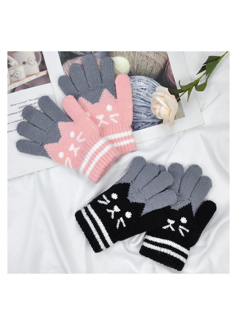 SYOSI - 2 Pairs Kids Winter Gloves Warm Knitted Soft Gloves Cute Cat Thermal Full Fingers Stretch Gloves Outdoor School Costume Daily Wearing for Boys Girls 3-8 Years Old (Black+Pink) - Image 1